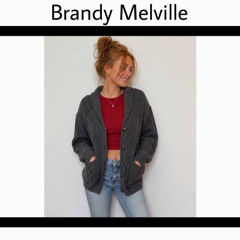 Brandy Melville Wool Blend Cable Knit Cardigan Shawl Collar Academia One Size